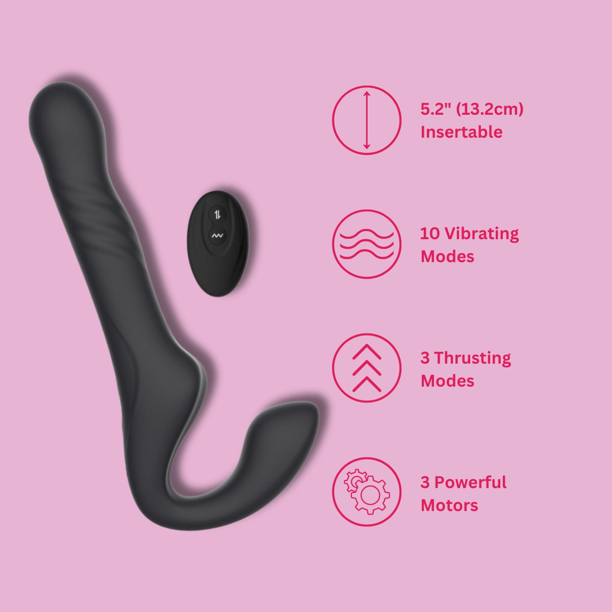 Mina Surge Remote Thrusting Vibrating Strapless Strap On featuring its IPX6 waterproof rating, ideal for enhanced pleasure.
