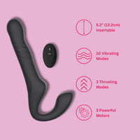 Mina Surge Remote Thrusting Vibrating Strapless Strap On featuring its IPX6 waterproof rating, ideal for enhanced pleasure.