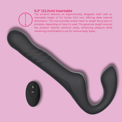 MINA Surge remote thrusting vibrating strapless strap-on with three motors, ten vibrate, and three thrusting modes, shown in the image.