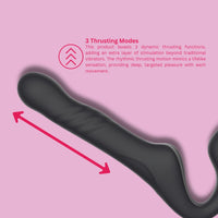 Aesthetic view of the Mina Surge Remote Thrusting Vibrating Strapless Strap On, emphasising its 10 vibrating modes and luxurious appeal.