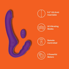 Dynamic depiction of a purple strap-on, detailing its insertable section and features for ultimate sensory experience.