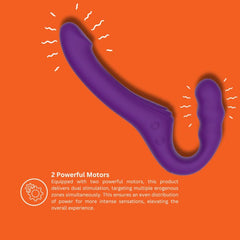Vibrant infographic detailing the features of a purple strap-on, highlighting its insertable length, vibrating modes, and remote control capabilities.