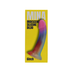 Stylish packaging of the Mina iridescent silicone dildo, featuring vibrant colours and clear labelling of its premium qualities, ideal for gifting or personal use.