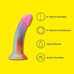 Informative image displaying key features of the Mina iridescent silicone dildo against a bright yellow background, including insertable length, circumference, and liquid silicone material.