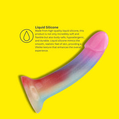 Detailed view of the Mina iridescent silicone dildo, emphasising the soft and lifelike texture of the liquid silicone material, promising an indulgent and realistic experience.