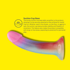 Image showcasing the suction cup base of the Mina iridescent silicone dildo, highlighting its versatility for hands-free enjoyment in various settings.