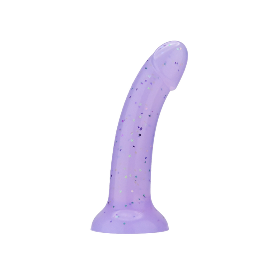 Luxurious purple silicone dildo featuring sparkling starlight design, 7 inches in total length with a secure suction cup base.