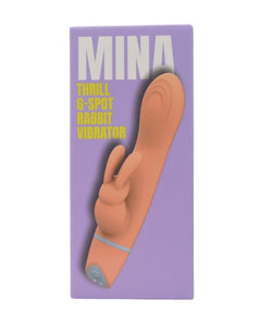 MINA Thrill rabbit vibrator with curved G-spot shaft, clitoral stimulator, waterproof design, and five vibration functions.