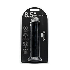 Realistic Black Suction Cup Dildo - Packaging of the 8.5-inch black suction cup dildo, made with body-safe TPE, showcasing its premium features and dimensions.