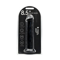 Realistic Black Suction Cup Dildo - Packaging of the 8.5-inch black suction cup dildo, made with body-safe TPE, showcasing its premium features and dimensions.