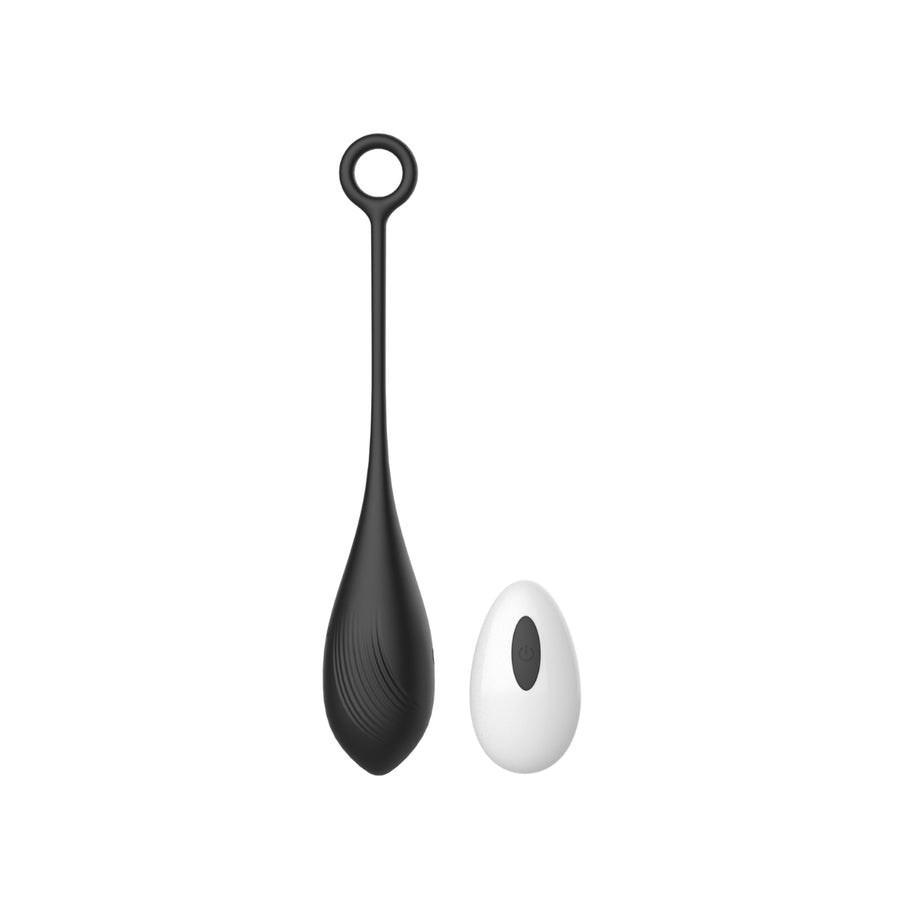 Elegant black vibrating love egg alongside a sleek white remote, both designed for luxurious pleasure.