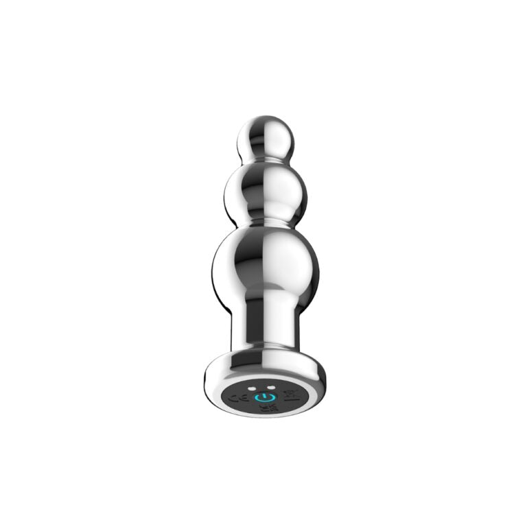 Toosh Remote Controlled Metal Vibrating Anal Beads displayed with remote, highlighting the convenience of wireless pleasure control.