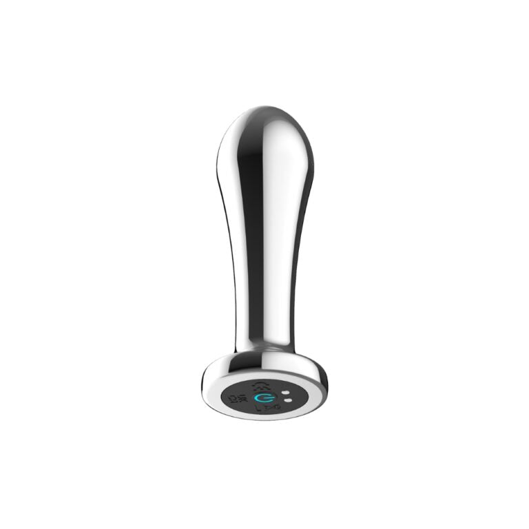 Elegant display of the Toosh Remote Controlled Metal Vibrating Anal Plug, highlighting its magnetic USB charger and premium metal finish.