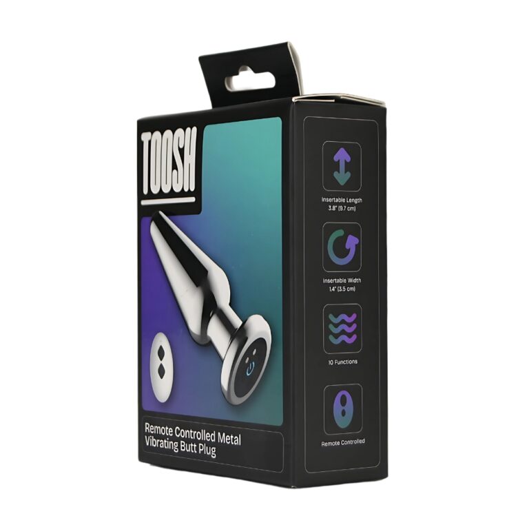 An elegant presentation of the Toosh Remote Controlled Metal Vibrating Butt Plug, highlighting its 3.8-inch insertable length and sophisticated design.