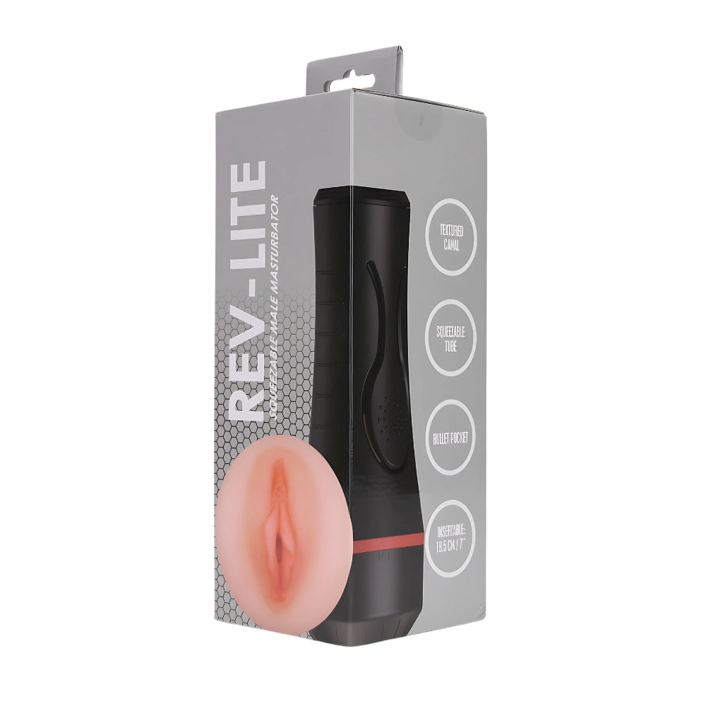 Rev-Lite Squeezable Male Masturbator displaying its innovative design with a bullet pocket and squeezable pressure plate.
