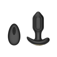 Black silicone butt plug on a white background