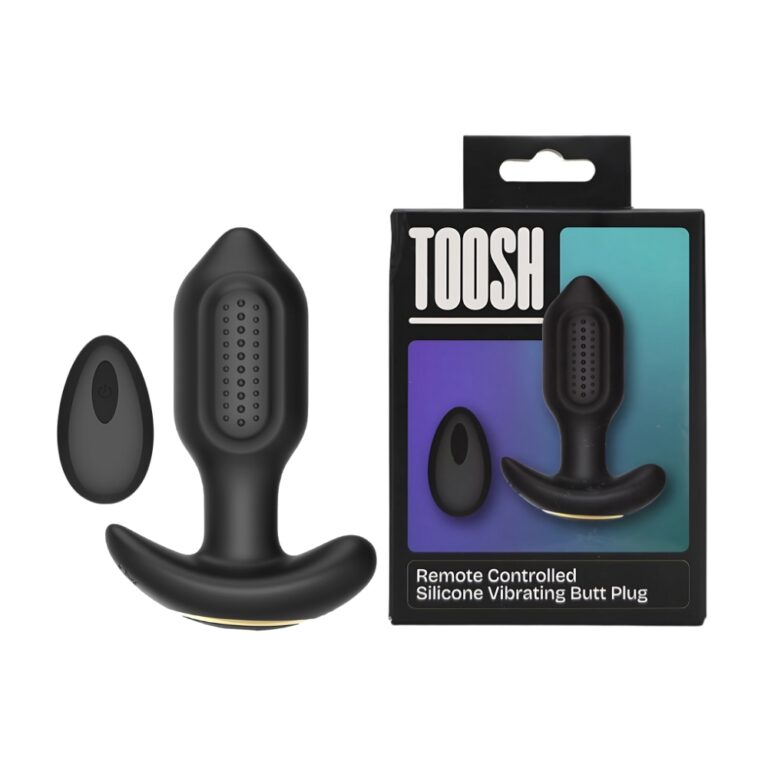 Black remote-controlled silicone vibrating butt plug with packaging on a white background