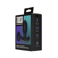 Packaged black remote-controlled silicone vibrating butt plug with 'TOOSH' branding on a white background.
