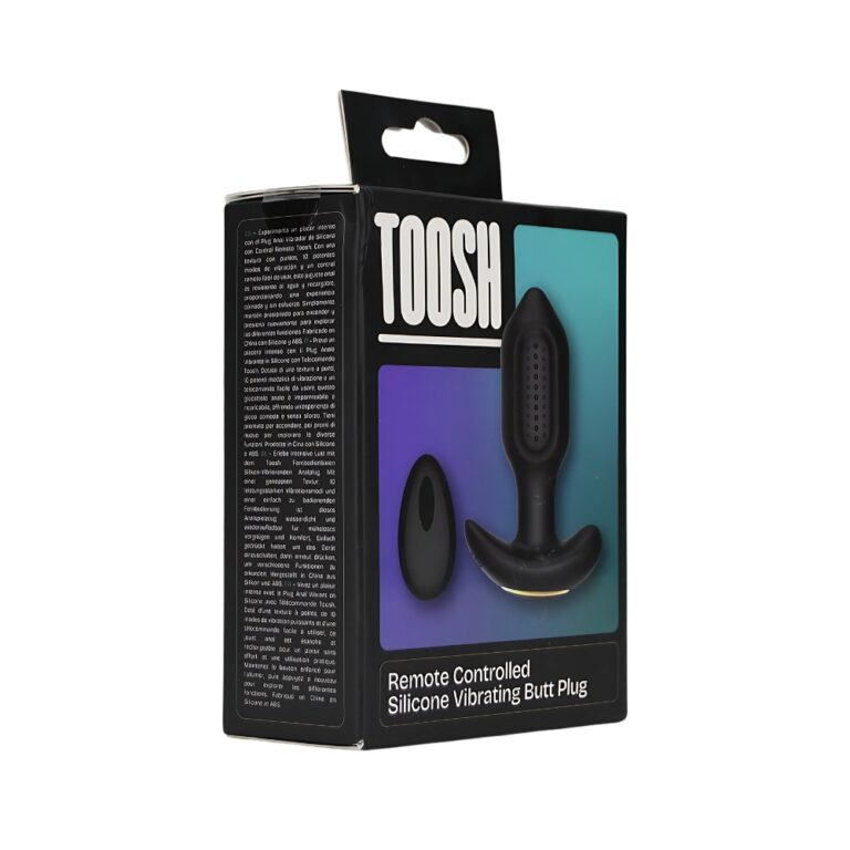 Packaging of a remote-controlled silicone vibrating butt plug with 'TOOSH' branding.