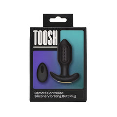 Packaged remote-controlled silicone vibrating butt plug with 'TOOSH' branding on a white background.