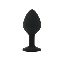 Black silicone butt plug on a white background