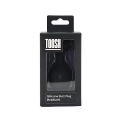 Black silicone butt plug in packaging with 'TOOSH' branding on a white background