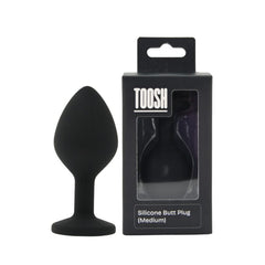 Black silicone butt plug with packaging labeled 'TOOSH' on a white background