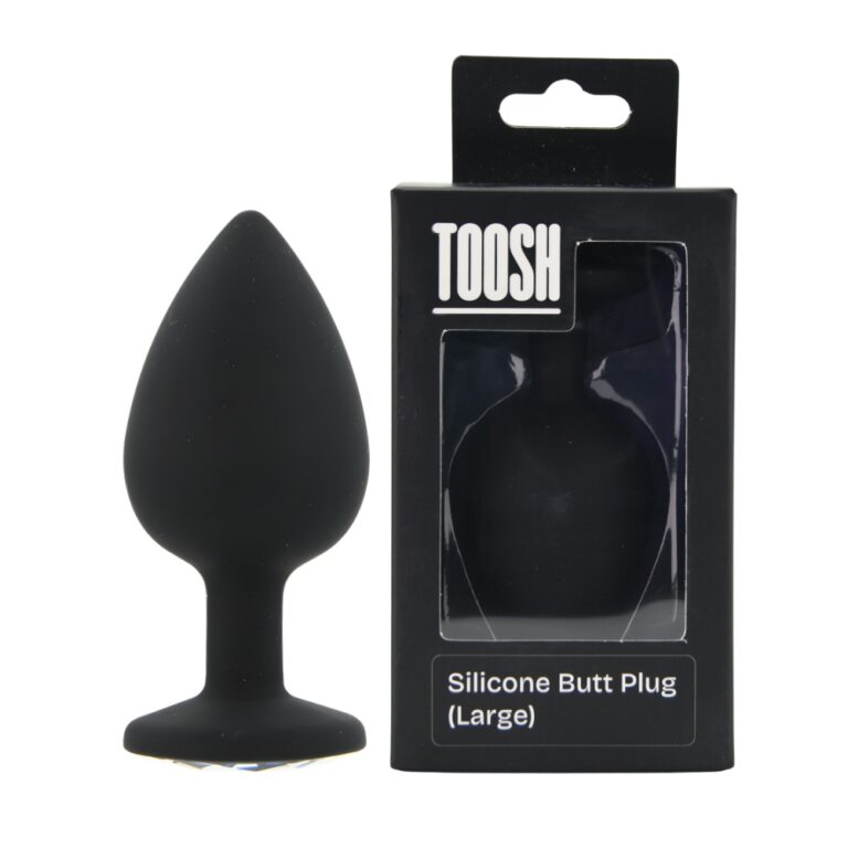 Toosh silicone butt plug with clear gem base, black color, large size, featuring smooth silicone surface and decorative gem detail.