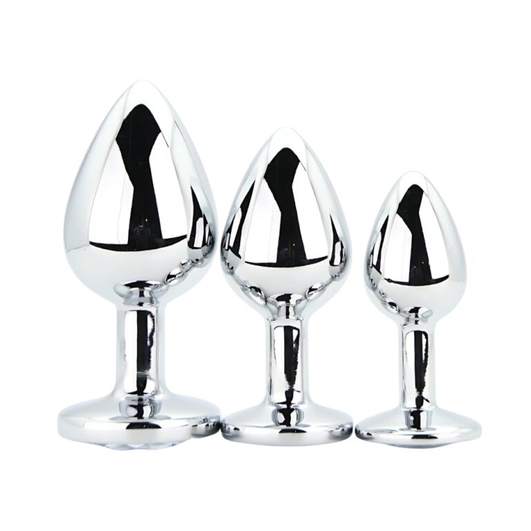 Toosh Metal Butt Plug Silver Set of 3 with clear stone detail, showcasing the luxurious design and craftsmanship.