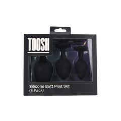 An inviting image of the Toosh Silicone Butt Plug Set of 3 – Black with Clear Gem Base, perfect for enhancing personal pleasure with luxury.