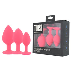 Toosh Silicone Butt Plug Set of 3 – Black or Pink with Clear Gem Base