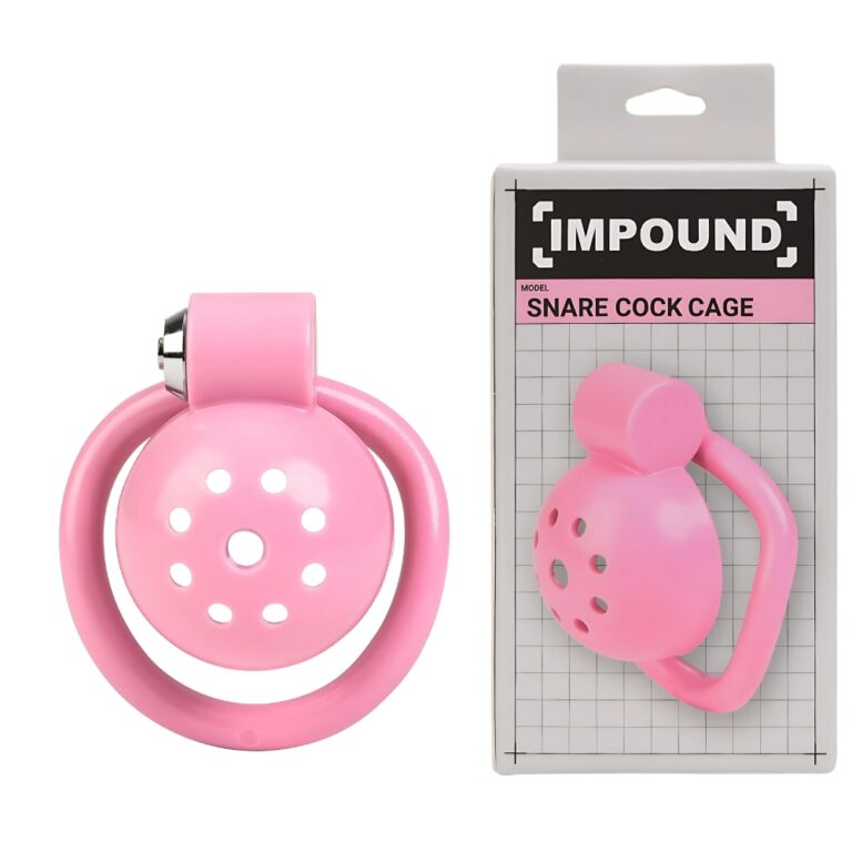 Impound Snare Sissy Cock Cage, male chastity device with key, multiple base rings, metal construction, shown on a display.