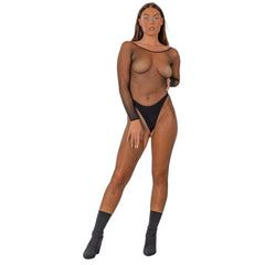 Elegant display of Lace by LJ Fishnet Crotchless Long Sleeve Bodystocking Black, highlighting its bold long sleeve design and fishnet crotchless bodystocking appeal.