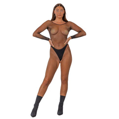 Model wearing Lace by LJ Fishnet Crotchless Long Sleeve Bodystocking Black, emphasising the body-hugging fit and seductive charm of this luxurious fishnet crotchless bodystocking.