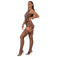 Chic ensemble featuring the Lace by LJ Cut Out Lace Suspender Bodystocking Black paired with accessories, showcasing its versatility in lingerie fashion.