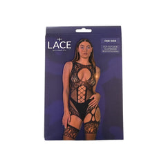 Beautifully styled Lace by LJ Cut Out Lace Suspender Bodystocking Black, emphasizing the luxurious fabric and design for an exquisite lingerie experience.
