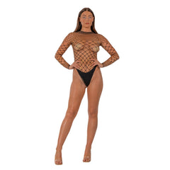 Close-up of Lace by LJ Fence Net Long Sleeved Thong Bodysuit Black, emphasising the high-quality details of the fence net fabric, making it a statement luxury piece in lingerie.