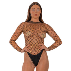 Lace by LJ Fence Net Long Sleeved Thong Bodysuit Black draped artistically, showing off its form-fitting design and luxurious material, ideal for layering as a chic fence net bodysuit.