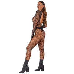 The Lace by LJ Gloved Leopard Print Catsuit Black presented against a soft background, emphasising its stylish design and seductive appeal.