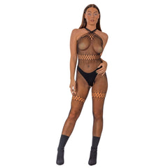 Model wearing Lace by LJ Crossover Neck Crotchless Fishnet Bodystocking, demonstrating the flattering silhouette and sexy open back design.