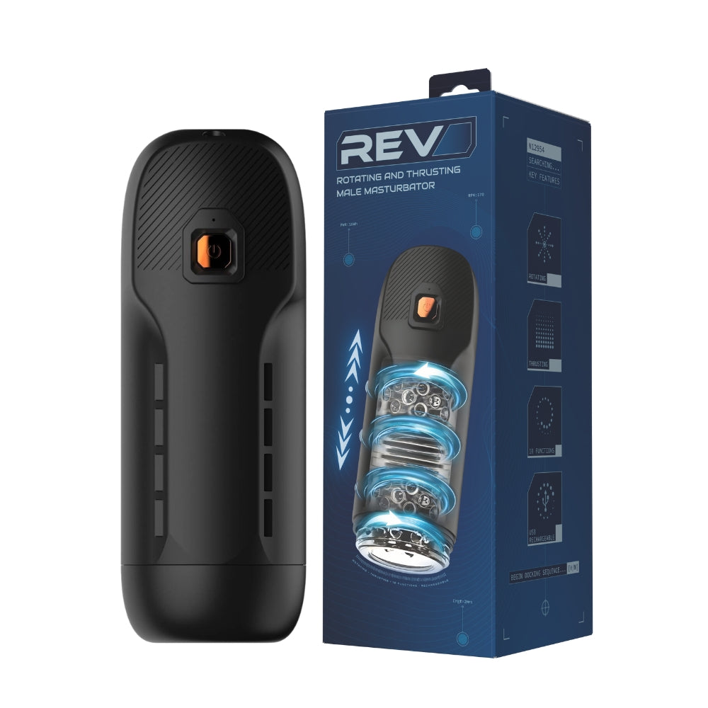 REV rotating and thrusting male masturbator, USB rechargeable, with realistic interior design for a lifelike experience.