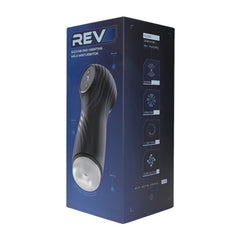 REV Sucking & Vibrating Male Masturbator – 7 Function USB Rechargeable Automatic Stroker with LED Display, showing suction and vibration controls with luminous LED display