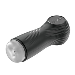 REV Sucking & Vibrating Male Masturbator – 7 Function USB Rechargeable Automatic Stroker with LED Display, luxury design showing suction and vibration control.