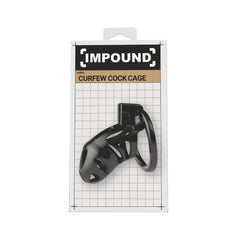 Impound Curfew Cock Cage, male chastity device, made of metal with adjustable design, open front for easy wear and removal.