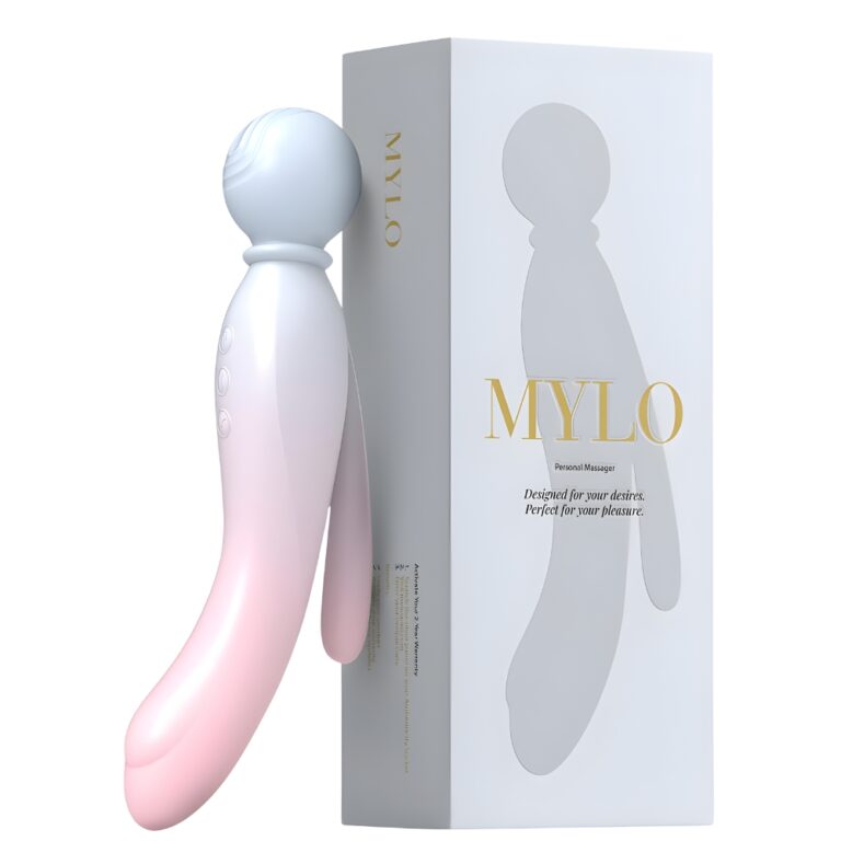MYLO 3-in-1 body wand massager, rechargeable and waterproof, featuring multiple attachments for versatile relaxation and massage.