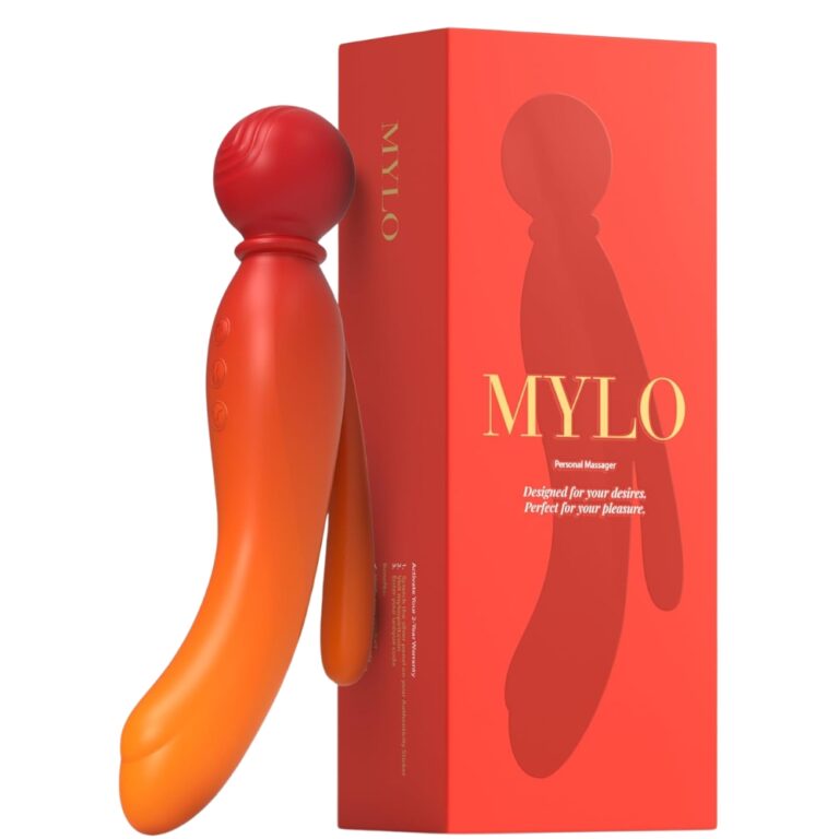 MYLO 3-in-1 Body Wand Massager, a rechargeable waterproof luxury wand in vibrant red, with interchangeable attachments.