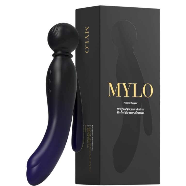 MYLO 3-in-1 body wand massager, luxury waterproof and rechargeable, shown with flexible silicone head and ergonomic handle.