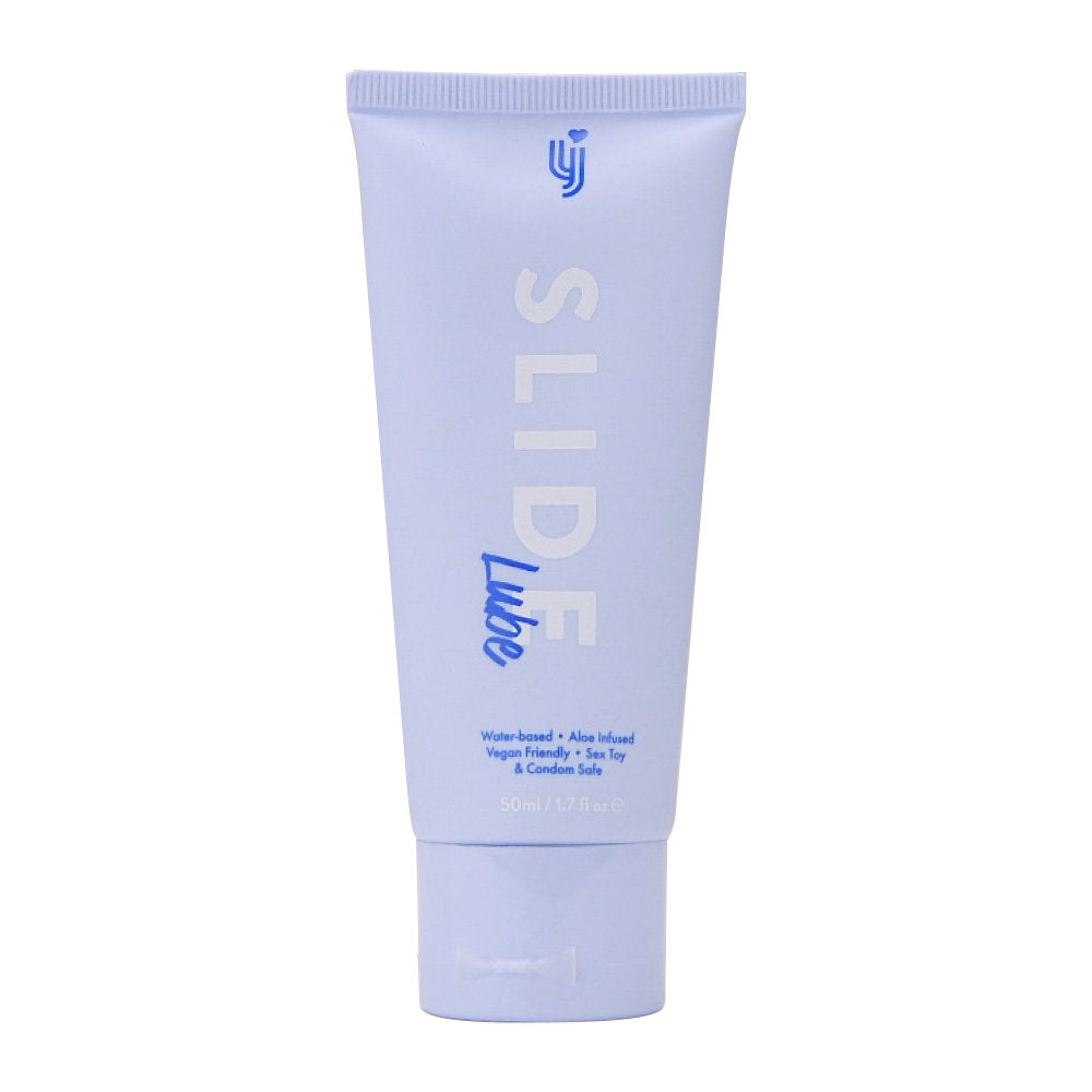 Loving Joy Slide Water Based Lubricant 50ml in elegant packaging, highlighting its water-based formula and aloe-infused ingredients, ideal for enhancing intimate experiences.