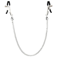 Bound to Please adjustable nipple clamps with rubber tips and chain, designed for comfort and beginners.