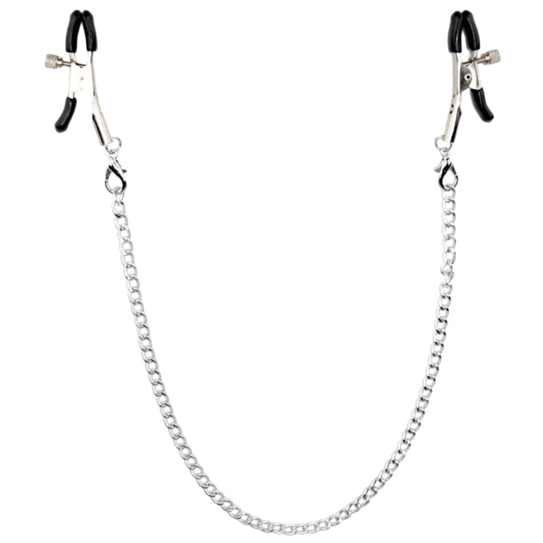 a silver chain with a black handle on a white background